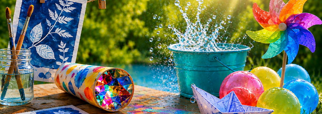 Sommerliche Bastel- und Wasserspielszene im Freien mit Kaleidoskop, Sonnendruckbildern, Wasserplanschen, bunten Bällen und Sonnenstrahlen auf einem Holztisch.