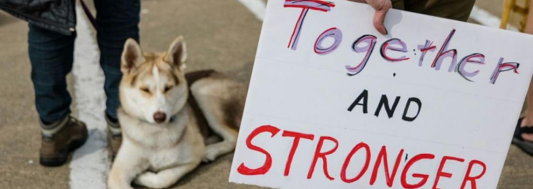 Am Rand einer Demo: Im Fokus eine Person, die ein Schild mit der Aufschrift "Together and Stronger" (englisch für "Zusammen und stärker") in der Hand hält.