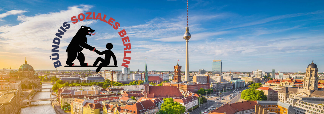 Berlin aus der Vogelperspektive, darüber das Logo vom Bündnis soziales Berlin