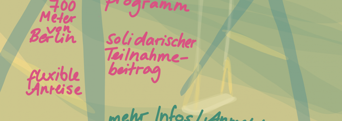 Zu sehen ist eine Schaukel mit der Überschrift Herrschaftskritisches Sommercamp 27. bis 1.8. und ein pink, weißes Logo mit zwei Händen. Mehr Infos zum Camp auf: linkes-sommercamp.de