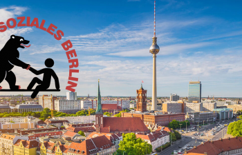 Berlin aus der Vogelperspektive, darüber das Logo vom Bündnis soziales Berlin