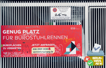 Werbeschild für Büroflächen, Aufschrift: "Genug Platz für Bürostuhlrennen"