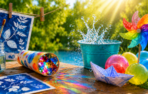 Sommerliche Bastel- und Wasserspielszene im Freien mit Kaleidoskop, Sonnendruckbildern, Wasserplanschen, bunten Bällen und Sonnenstrahlen auf einem Holztisch.