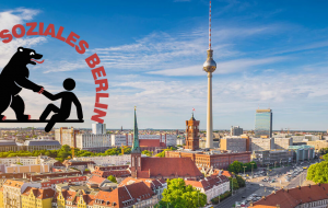 Berlin aus der Vogelperspektive, darüber das Logo vom Bündnis soziales Berlin