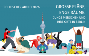 In einer Grafik ist dargestellt, wie junge Menschen nicht genug Raum haben und eingeengt sind. Zwei Personen stemmen sich dagegen. 